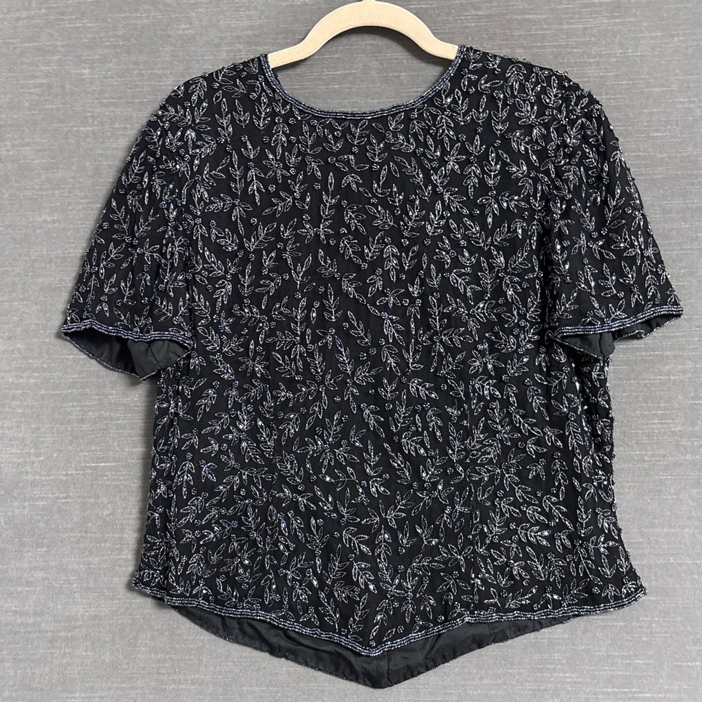 Vintage Papell Top XL Black Silk Beaded Floral Basque Formal Evening Cocktail
